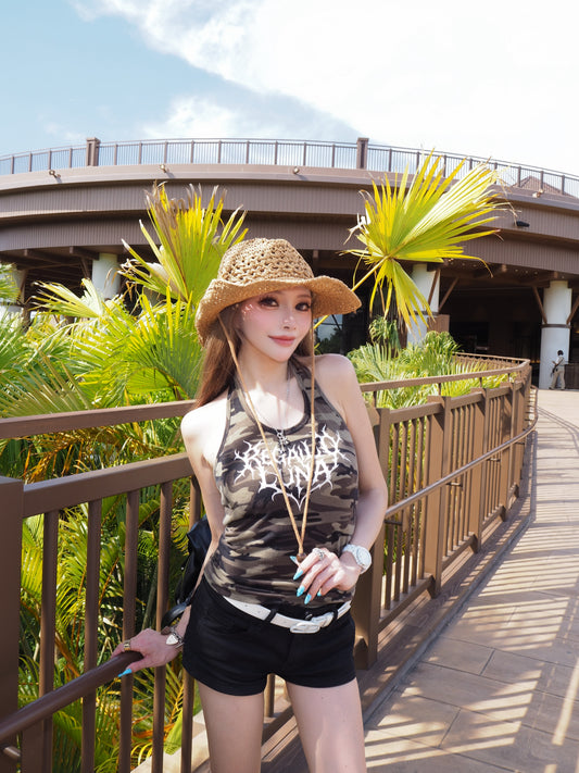 即納PADDED PRINT HALTER NECK