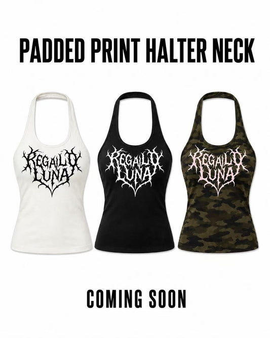PADDED PRINT HALTER NECK