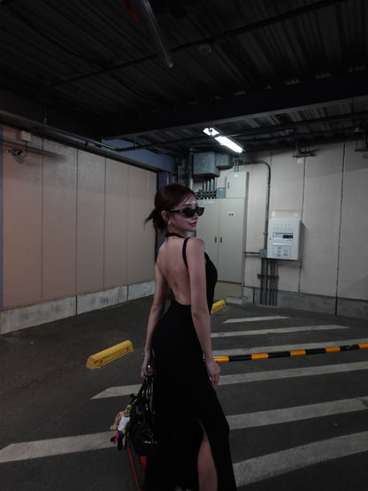 BACK OPEN スリットラメワンピース